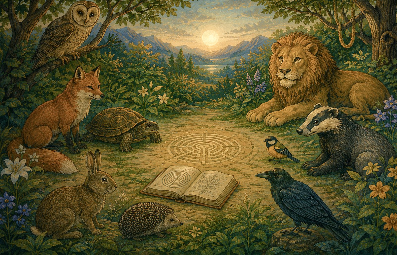 Animals gathered around a mandala and an open book